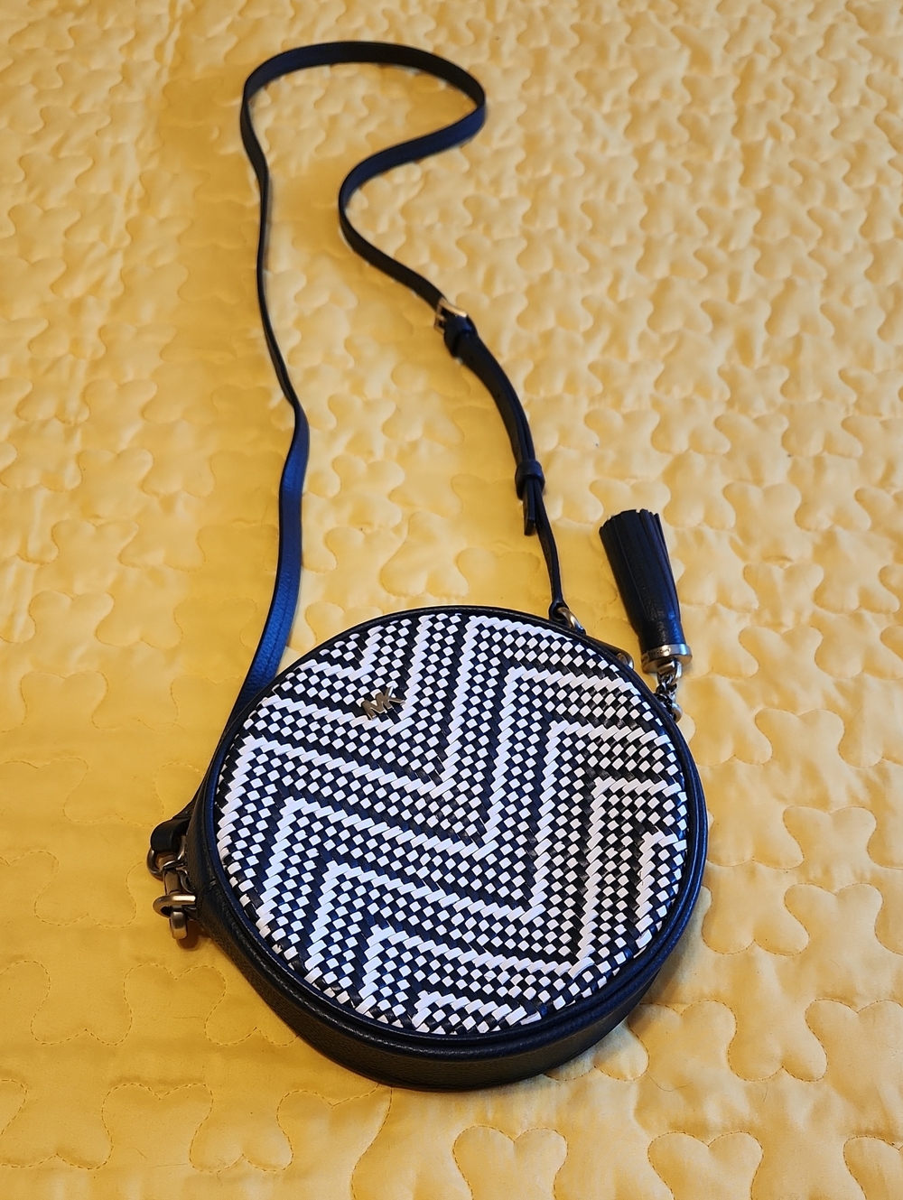 Michael Kors Black and White Chevron Round Crossbody with Tassel